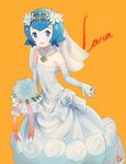  albreo bare_shoulders blue_eyes blue_hair blush bouquet bridal_veil bride character_name covered_navel dress elbow_gloves flat_chest flower gloves hair_flower hair_ornament hairband highres jewelry looking_at_viewer necklace open_mouth pendant pokemon pokemon_(game) pokemon_sm ring rose short_hair signature solo strapless strapless_dress suiren_(pokemon) veil wedding_dress wedding_ring white_dress white_flower white_gloves white_rose wreath yellow_background 