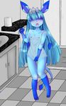  2016 anthro areola black_nose blue_fur blue_hair blush breasts canine clothed clothing digital_media_(artwork) eeveelution fan_character female fur hair hi_res long_hair mammal nintendo nipples nude open_mouth pok&eacute;mon raveneevee simple_background small_breasts solo standing tongue video_games 