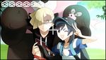  ahoge alternate_color anger_vein asymmetrical_hair backpack bag baseball_cap bewear black_hair black_hat blonde_hair cutiefly day gameplay_mechanics gen_7_pokemon gladio_(pokemon) green_eyes grey_eyes hair_over_one_eye hat hood hoodie kanade male_focus multiple_boys one_eye_closed open_mouth outdoors poke_finder pokemon pokemon_(creature) pokemon_(game) pokemon_sm shaded_face shiny_pokemon shirt short_sleeves striped striped_shirt sweat t-shirt v you_(pokemon) 