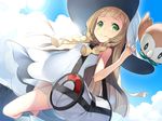  bag blonde_hair braid cloud day dress duffel_bag gen_7_pokemon green_eyes hat highres lasa_(lasa1116) lillie_(pokemon) long_hair panties pokemon pokemon_(creature) pokemon_(game) pokemon_sm rowlet see-through sky sleeveless sleeveless_dress smile sun_hat twin_braids underwear white_dress white_hat 