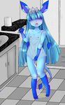  2016 anthro black_nose blue_fur blue_hair blush breasts canine clothed clothing digital_media_(artwork) eeveelution fan_character female fur glaceon hair hi_res long_hair mammal nintendo nipples nude open_mouth peeing poekmon pok&eacute;mon raveneevee simple_background small_breasts solo tongue urine video_games watersports 