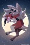  bluekomadori claws commentary full_body full_moon gen_7_pokemon grin highres lycanroc moon night night_sky no_humans pokemon pokemon_(creature) red_eyes ringed_eyes sharp_teeth sky smile solo teeth tumblr_username v-shaped_eyebrows watermark 