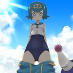  arms_behind_back blue_eyes blue_hair blue_sailor_collar blue_sky bright_pupils cloud day expressionless from_below gen_7_pokemon hairband light_rays looking_at_viewer nekotoufu one-piece_swimsuit outdoors pants_pull pokemon pokemon_(creature) pokemon_(game) pokemon_sm popplio sailor_collar school_swimsuit short_hair sky sleeveless suiren_(pokemon) sunbeam sunlight swimsuit swimsuit_under_clothes trial_captain 