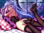  ass bare_shoulders black_legwear blue_eyes blue_hair breast_press breasts corset dk.senie feet full_moon garter_straps hatsune_miku highres large_breasts long_hair lying moon no_panties on_stomach pillow polka_dot polka_dot_pillow revision sideboob soles solo thighhighs toes twintails vocaloid 