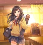  :d bag black_hair brown_eyes canvas_(object) commentary curtains dolphin_hair_ornament glowing lens_flare long_hair long_sleeves minato_aya niichi_(komorebi-palette) open_mouth original school_bag school_uniform smile solo sweater window 