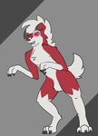  2016 3_toes anthro biped black_fur black_hair black_nose canine chest_tuft claws digital_media_(artwork) ear_markings facial_markings featureless_crotch floppy_ears front_view full-length_portrait fur grey_background grin hair hi_res lycanroc male mammal markings midnight_lycanroc mohawk multicolored_fur multicolored_hair naturally_censored nintendo nude pink_eyes pok&eacute;mon portrait red_fur simple_background snout solo standing teeth toe_claws toes tuft two_tone_hair video_games were werewolf white_fur white_hair white_tail xenonwolf 