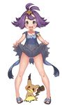  acerola_(pokemon) armlet bare_legs blue_eyes blush dress dress_lift elite_four flat_chest flipped_hair full_body gen_7_pokemon hair_ornament kei_(soundcross) lifted_by_self looking_at_viewer mimikyu no_panties open_mouth pokemon pokemon_(creature) pokemon_(game) pokemon_sm purple_hair sandals short_hair simple_background smile solo standing sweat topknot trial_captain white_background 