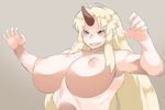  blonde_hair breasts collarbone commentary_request grin horn hoshiguma_yuugi large_breasts long_hair oni red_eyes ryu3224 sidelocks simple_background slit_pupils smile topless touhou 