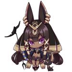  1girl animal_ears ankh anubis belt big_hair bike_shorts black_hair boots chibi dog earpiece earrings eyebrows_visible_through_hair hair_tubes jewelry long_hair looking_at_viewer navel original parted_lips purple_eyes solo standing transparent_background westxost_(68monkey) 