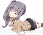  ass bangs black_legwear black_ribbon blush bow bowtie brown_eyes eyebrows_visible_through_hair flat_chest grey_hair hair_ribbon kantai_collection kasumi_(kantai_collection) long_hair lying mitsudoue on_stomach parted_lips red_bow red_neckwear remodel_(kantai_collection) ribbon shiny shiny_hair side_ponytail socks solo sweater 