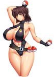  ameoto armpits belt breasts brown_eyes brown_hair cleavage cosplay covered_nipples dengeki!_pikachu fingerless_gloves gloves holding holding_poke_ball huge_breasts kasumi_(pokemon) kasumi_(pokemon)_(cosplay) navel poke_ball poke_ball_(generic) pokemon short_hair simple_background solo thigh_gap thighs white_background 
