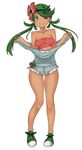  bandeau bare_legs bare_shoulders blush breasts dark_skin flower full_body green_eyes green_hair hair_flower hair_ornament highres kei_(soundcross) long_hair mao_(pokemon) one_eye_closed overalls pokemon pokemon_(game) pokemon_sm small_breasts smile solo standing strapless sweat trial_captain twintails 