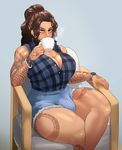  1girl bare_shoulders breasts brown_eyes brown_hair cleavage coffee curvy donaught drinking large_breasts long_hair looking_at_viewer ponytail sitting solo tattoo thick_thighs 