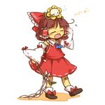  arm_up ascot bandaid bandaid_on_knee bandaid_on_leg bangs black_footwear blush bow brown_hair bubble closed_eyes closed_mouth cosplay detached_sleeves eyebrows_visible_through_hair flower flowey_(undertale) frisk_(undertale) full_body gohei hair_bow hair_tubes hakurei_reimu hakurei_reimu_(cosplay) highres holding iiwake japanese_clothes leaf long_sleeves motion_lines nontraditional_miko on_head one_eye_closed open_mouth red_bow ribbon-trimmed_sleeves ribbon_trim rubbing_eyes shoe_bow shoes short_hair simple_background skirt skirt_set standing stick teardrop tears touhou undertale white_background wide_sleeves yawning 