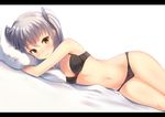  amatsukaze_(kantai_collection) arm_up ass_visible_through_thighs bangs bare_arms bare_legs bare_shoulders bed_sheet black_bra black_panties blush bow bow_bra bow_panties bra breasts closed_mouth groin hair_between_eyes kantai_collection letterboxed long_hair looking_at_viewer lying navel on_bed on_side panties pillow pillow_hug red_bow silver_hair simple_background small_breasts solo stomach sunsuke thigh_gap two_side_up underwear underwear_only wavy_mouth white_background yellow_eyes 