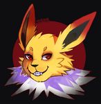  2016 alternate_color big_ears black_background black_nose cheek_tuft digital_media_(artwork) eeveelution eye_scar facial_scar fan_character fangs feral flux_the_jolteon front_view fur grin headshot_portrait jolteon long_ears looking_at_viewer male multicolored_fur neck_tuft nintendo pok&eacute;mon portrait red_eyes red_fur scar signature simple_background slit_pupils solo teeth tuft video_games white_fur xishka yellow_fur 