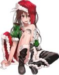  bag bob_(biyonbiyon) boots breasts brown_hair cape fallen_down full_body hair_between_eyes hat kantai_collection long_hair lowres machinery medium_breasts necktie official_art open_clothes open_shirt santa_hat shirt solo thighhighs tone_(kantai_collection) torn_clothes transparent_background twintails 