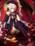  artoria_pendragon_(all) black_footwear black_legwear blonde_hair boots bored capelet chair crossed_legs dark_excalibur fate/grand_order fate_(series) fur-trimmed_boots fur_trim gift gloves half-closed_eyes highres looking_at_viewer pale_skin pantyhose saber_alter shiguru sitting solo thigh_boots thighhighs yellow_eyes 