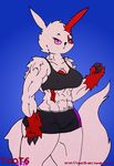  abstract_background anthro anthrofied bra breasts clothing facial_markings female looking_at_viewer mammal markings muscular muscular_female nintendo pok&eacute;mon shorts solo sports_bra thick_thighs toot6 underwear video_games wide_hips zangoose 