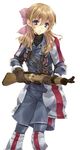  blue_eyes blue_legwear brown_gloves brown_hair gloves gun hair_ribbon hayase_akira holding holding_gun holding_weapon long_hair military military_uniform pink_ribbon ribbon rifle senjou_no_valkyria senjou_no_valkyria_1 simple_background solo susie_evans uniform weapon white_background 