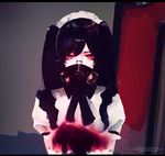  aoi_ogata bangs black_hair black_ribbon censored covered_mouth eyelashes gas_mask glasses glowing glowing_eyes hands_up highres indoors long_hair looking_at_viewer maid maid_headdress mask mosaic_censoring original puffy_short_sleeves puffy_sleeves red_eyes ribbon shirt short_sleeves solo twintails upper_body watermark web_address 