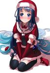  alternate_costume ao_iro aqua_hair black_legwear blue_eyes blue_hair blush breasts elbow_gloves full_body gloves hat highres kantai_collection long_hair looking_at_viewer miniskirt puffy_short_sleeves puffy_sleeves red_gloves red_skirt sailor_collar samidare_(kantai_collection) santa_costume santa_hat short_sleeves simple_background sitting skirt small_breasts smile solo very_long_hair white_background 
