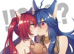  2girls animal_ears bad_id bad_pixiv_id bare_shoulders blue_hair blush cerberus_(shingeki_no_bahamut) commentary_request dog_ears eye_contact face-to-face fenrir_(shingeki_no_bahamut) granblue_fantasy hand_puppet imminent_kiss long_hair looking_at_another multiple_girls puppet red_eyes red_hair shingeki_no_bahamut shingeki_no_bahamut:_genesis slit_pupils smile twintails very_long_hair yuri 