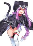  animal_hood armor bent_over black_legwear blush braid cape capelet cat_tail collar fang fate/grand_order fate_(series) gendo0032 hood leaning_forward leaning_to_the_side leotard long_hair medusa_(lancer)_(fate) open_mouth ponytail purple_eyes purple_hair red_collar rider simple_background solo tail thigh_gap thighhighs white_background 
