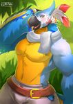  2016 anthro avian beak belt bird blue_feathers blush breath_of_the_wild chest_tuft clothed clothing feathered_wings feathers kass_(zelda) looking_at_viewer male muscular muscular_male navel nintendo ocaritna orange_eyes pecs scarf solo standing sweat sweatdrop the_legend_of_zelda topless tuft video_games winged_arms wings yellow_eyes yellow_feathers 