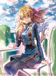  blonde_hair blue_eyes blue_legwear cherry_blossoms cloud day hair_between_eyes hair_ribbon long_hair looking_at_viewer military military_uniform outdoors pink_ribbon ribbon senjou_no_valkyria senjou_no_valkyria_1 sitting sky solo susie_evans tibino uniform watermark 