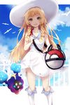  arisaka_ako bag bangs blonde_hair blunt_bangs blush braid breasts cloud cloudy_sky cosmog day dress duffel_bag gen_3_pokemon gen_7_pokemon green_eyes hat highres lillie_(pokemon) long_hair open_mouth pokemon pokemon_(creature) pokemon_(game) pokemon_sm sky sleeveless sleeveless_dress small_breasts sun_hat twin_braids white_dress white_hat wingull 