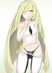  10s 1girl black_panties blonde_hair blush finger_to_mouth green_eyes groin leggings leggings_pull long_hair lusamine_(pokemon) mimit panties photoshop sapphire_(stone) sleeveless sleeveless_shirt smile solo string_panties tagme underwear very_long_hair 