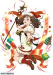 blush boots box breasts brown_hair christmas christmas_tree cleavage diane_(nanatsu_no_taizai) full_body fur-trimmed_boots fur_trim gift gift_box gloves hat king_(nanatsu_no_taizai) large_breasts long_hair looking_at_viewer nanatsu_no_taizai purple_eyes red_footwear santa_hat solo twintails 