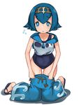  blue_eyes blue_hair blue_sailor_collar full_body hairband kei_(soundcross) one-piece_swimsuit pokemon pokemon_(game) pokemon_sm sailor_collar sandals school_swimsuit see-through short_hair simple_background solo suiren_(pokemon) swimsuit swimsuit_under_clothes trial_captain wet wet_clothes white_background 