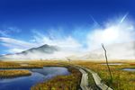  bad_pixiv_id blue_sky blurry bridge cloud day depth_of_field flower fog highres landscape light_rays morning mountain nature no_humans original outdoors path pei_(sumurai) reflection road scenery silk sky spider_web sunlight swamp tree water 