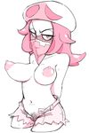  areolae bandana_over_mouth bare_shoulders blush breasts collarbone cowboy_shot hat highres inarou_(rakugakiproject) large_areolae large_breasts mismatched_pubic_hair monochrome navel nipples no_panties pink pink_eyes pink_hair pokemon pokemon_(game) pokemon_sm pubic_hair pubic_hair_peek puffy_nipples short_shorts shorts simple_background solo team_skull_grunt unbuttoned 