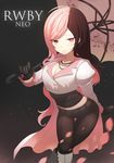  black_gloves boots breasts brown_eyes brown_hair character_name cherry_blossoms cleavage copyright_name gloves grey_background heterochromia highres k_jin large_breasts long_hair looking_at_viewer multicolored_hair neo_(rwby) pants parasol petals pink_eyes pink_hair rwby smile solo thigh_gap tight tight_pants umbrella waist_cape 