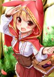  :d alternate_costume blonde_hair blush bottle bread capelet cosplay cowboy_shot day fang food forest grass hair_ribbon highres hood little_red_riding_hood little_red_riding_hood_(grimm) little_red_riding_hood_(grimm)_(cosplay) long_sleeves nature open_mouth outdoors petals picnic_basket pleated_skirt red_eyes red_skirt ribbon rumia shading_eyes shiron_(e1na1e2lu2ne3ru3) short_hair skirt smile solo touhou underbust wine_bottle 
