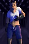  2016 abs anthro boots bulge canine clothed clothing digital_media_(artwork) erection fluffy footwear fur gloves jeans legwear looking_at_viewer male mammal mocri muscular pants rubber smile solo 