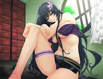  angelo_(gomahangetsu) bad_perspective bare_shoulders black_hair blue_eyes blush breasts drawer grin hair_ornament highres kikkoumon large_breasts leg_garter leg_hug legs long_hair long_legs looking_at_viewer naughty_face navel non-web_source parted_lips round_window sengoku_bushouki_muramasa sitting smile solo thighs window yakuin_zensou_(sengoku_bushouki_muramasa) 