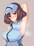  1girl ace_trainer_(pokemon) armpit_sex armpits blush breasts brown_eyes brown_hair cum cum_on_upper_body ebon_umax embarrassed high_collar large_breasts npc npc_trainer outstretched_arm pokemon pokemon_(game) pokemon_sm short_hair showing_armpits sleeveless solo sweat visor_cap 