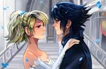  1girl black_hair blonde_hair dress eye_contact final_fantasy final_fantasy_xv hand_on_another's_face larienne looking_at_another lunafreya_nox_fleuret noctis_lucis_caelum sidelocks spiked_hair white_dress 