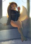  anthro beverage canine clothed clothing coffee female fox fur hair inside looking_at_viewer mammal sitting solo thick_thighs wide_hips woadedfox 