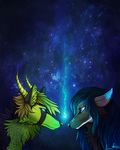  black_nose blue_eyes blue_hair canine duo ear_piercing eye_contact feral fur green_fur green_hair grey_fur hair horn inner_ear_fluff mammal neytirix night outside piercing 