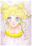  bare_shoulders bishoujo_senshi_sailor_moon blonde_hair border crescent double_bun dress earrings facial_mark forehead_mark foreshortening from_above hair_ornament jewelry long_hair open_mouth parted_lips perspective princess_serenity reflective_eyes sky solo strapless strapless_dress tsukino_usagi twintails white_dress yukinami_(paru26i) 