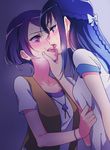  assertive blue_eyes blue_hair blush bracelet braid chin_grab collarbone dokidoki!_precure eye_contact hair_ribbon hishikawa_rikka jewelry kenzaki_makoto long_hair looking_at_another multiple_girls negom pink_eyes precure purple_hair ribbon saliva shirt_grab short_hair short_sleeves tearing_up tears tongue tongue_out yuri 