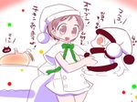 arms_up bow brown_eyes brown_hair chibi chicken_(food) comic commentary_request dress enemy_aircraft_(kantai_collection) food hat kantai_collection lifting_person long_hair maru-yu_(kantai_collection) mittens multiple_girls northern_ocean_hime open_mouth orange_eyes pom_pom_(clothes) sako_(bosscoffee) shawl shinkaisei-kan short_hair sleeveless sleeveless_dress smile table translation_request white_dress white_hair 