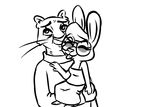  2016 andrew_(inkyfrog) anthro black_and_white carrying clothed clothing disney duo eye_roll eyewear fan_character feline female glasses inkyfrog lagomorph male mammal maxine_d&#039;lapin monochrome panther rabbit simple_background sitting smile tongue tongue_out whiskers white_background zootopia 