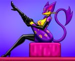  2016 anthro anthrofied boots breasts chameloshi choker clothing elbow_gloves female footwear fur gloves gradient_background green_eyes holding_leg leather legwear liepard looking_at_viewer nintendo nipples pinup pok&eacute;mon pok&eacute;morph pose purple_fur raised_leg simple_background sitting smile solo thigh_high_boots video_games yellow_fur 