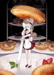  absurdres animal_ears dress food fork highres maid original ozyako pale_skin ponytail red_eyes solo sweets tail white_hair white_skin 